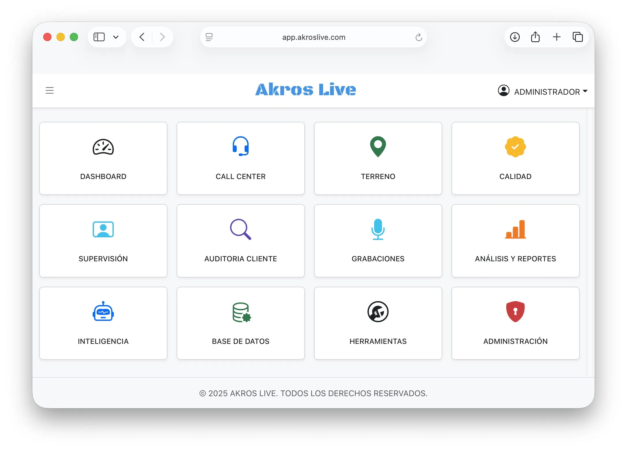 Vista del dashboard principal de Akros Live
